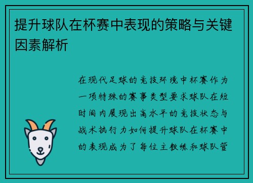 提升球队在杯赛中表现的策略与关键因素解析
