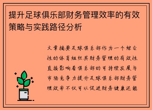 提升足球俱乐部财务管理效率的有效策略与实践路径分析
