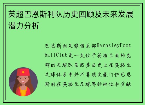 英超巴恩斯利队历史回顾及未来发展潜力分析